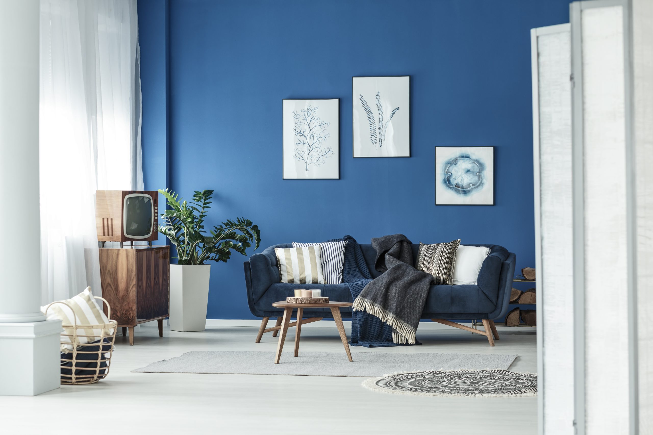 Spacious blue and white living room with old small television